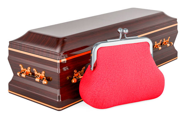 Wooden coffin with purse coin, 3D rendering isolated on white background
